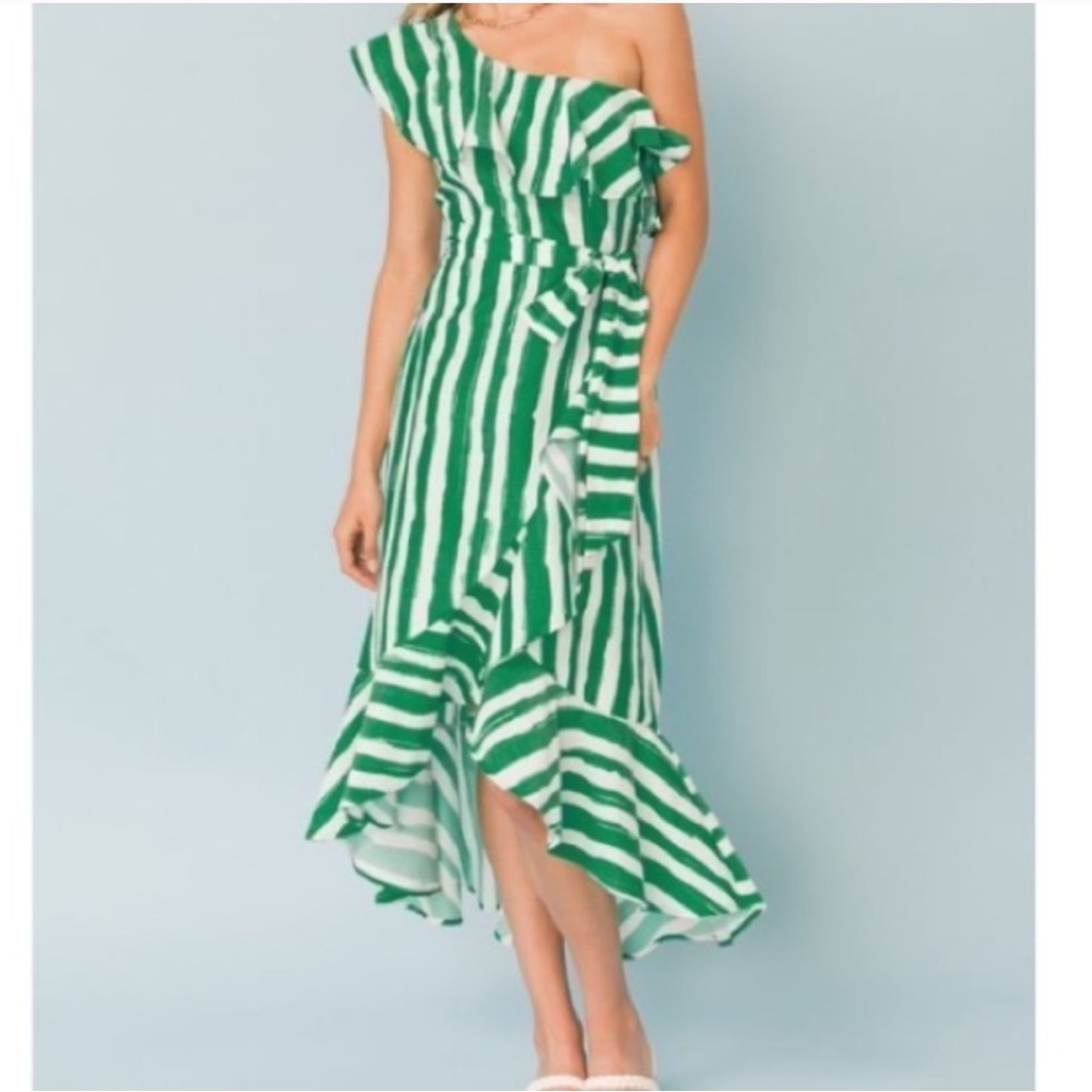 One Shoulder Green and White Striped Ruffle Dress